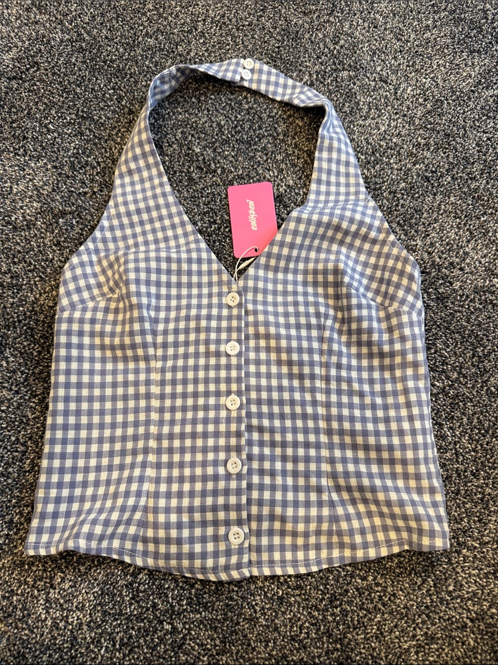 Edikted Blue and White Gingham Halter Button-Front Camisole